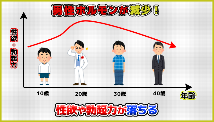 加齢による生殖機能の衰えで男性ホルモンが減少するの図